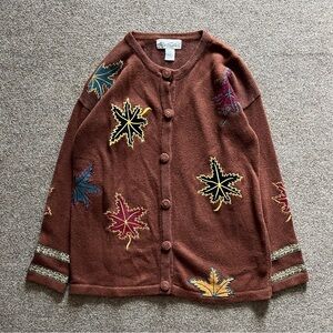 Vintage‎ Alexa Grace Brown Leaves Cardigan Sweater Fall Autumn Grannycore Size S